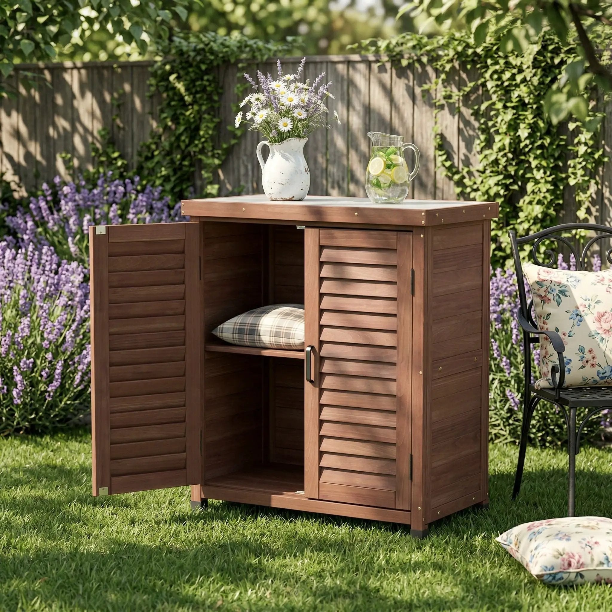 Potting Bench With Storage Cabinet And Metal Table Top For Outdoor by Unique Piece Furniture