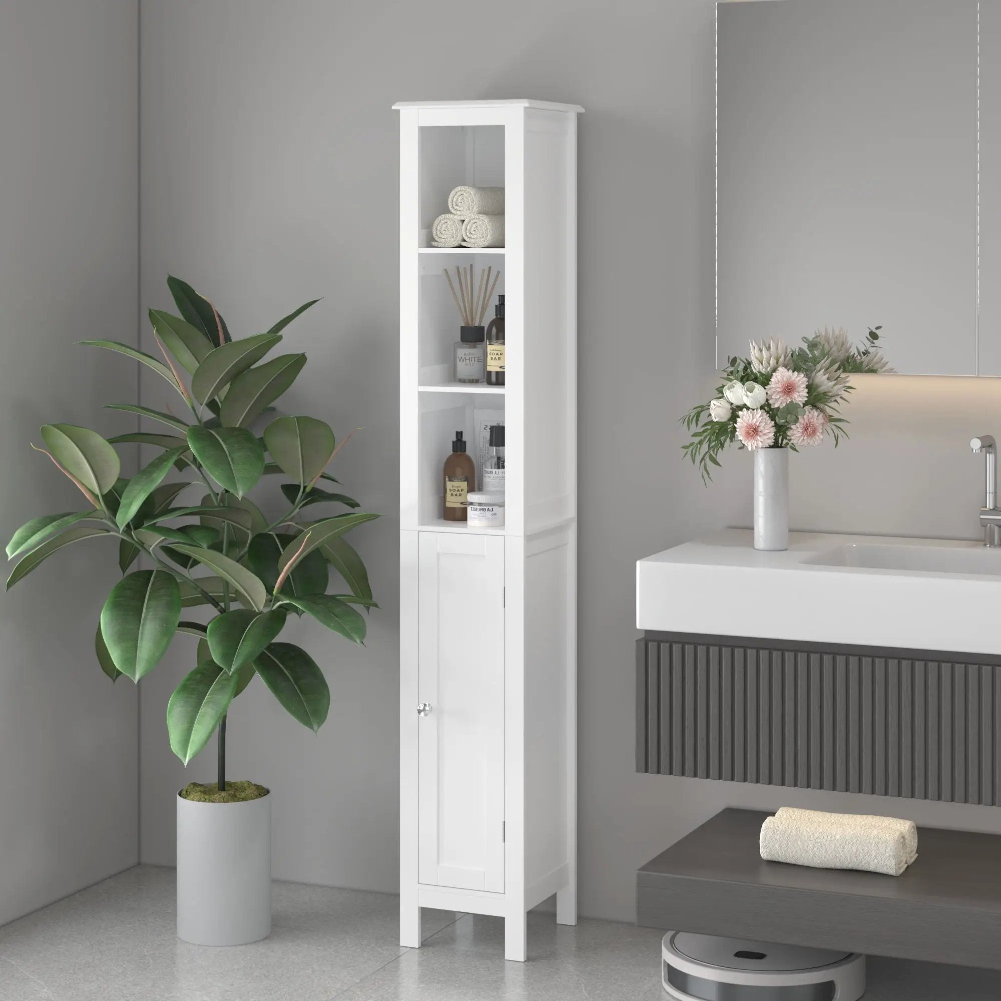 Slim Tall Bathroom Storage Cabinet With Adjustable Shelves, Anti Tip Freestanding Cabinet - White by Unique Piece Furniture