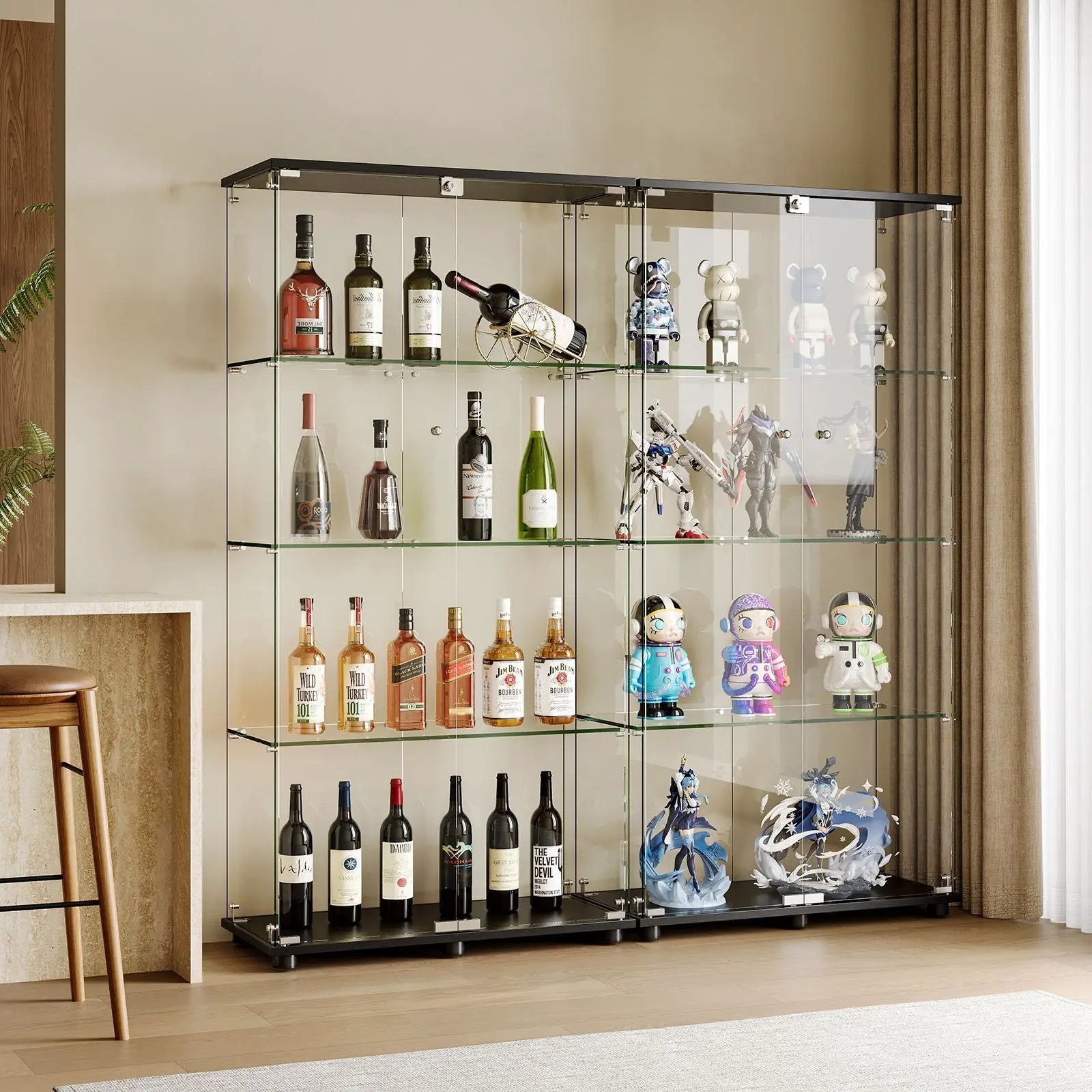 Modern Glass Display Cabinet With 4 Shelf Double Doors And Lock, Tempered Glass Bookshelf For Living Room - Black by Unique Piece Furniture
