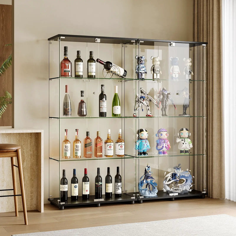 Modern Glass Display Cabinet With 4 Shelf Double Doors And Lock, Tempered Glass Bookshelf For Living Room - Black by Unique Piece Furniture