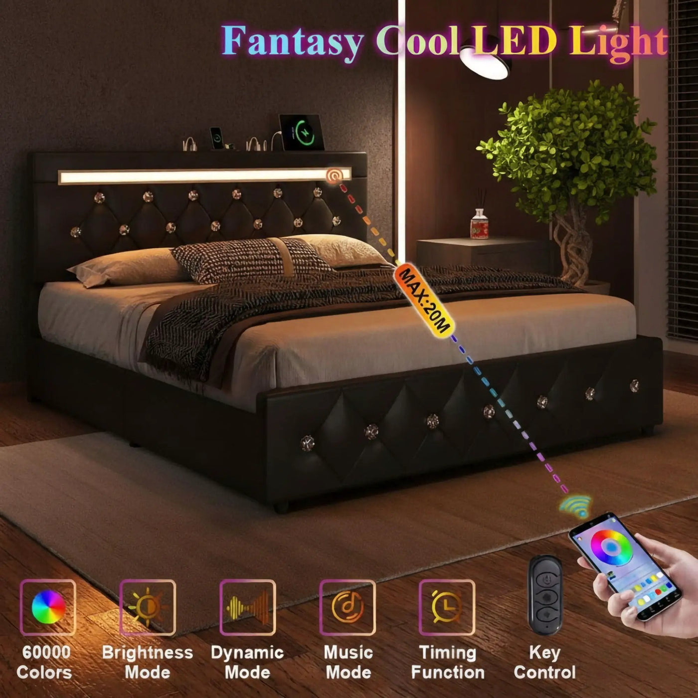 Upholstered Bed Frame With LED Lights, 4 Storage Drawers, Charging Station by HouseOfZazla