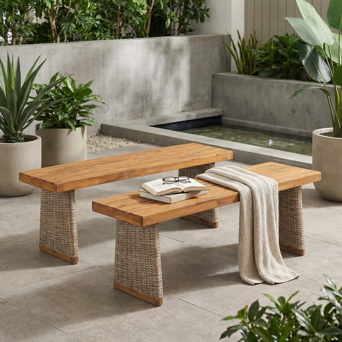 Outdoor Acacia Wood Bench Set of 2 with Teak Finish by HouseOfZazla