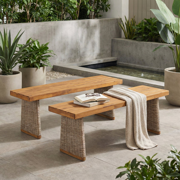 Outdoor Acacia Wood Bench Set of 2 with Teak Finish