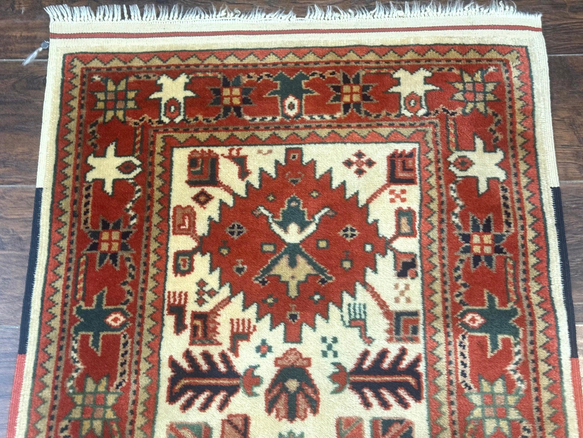 Turkish Runner Rug 2.4 x 8, Kazak Geometric Heriz Pattern, Beige Red by Jewel Rugs