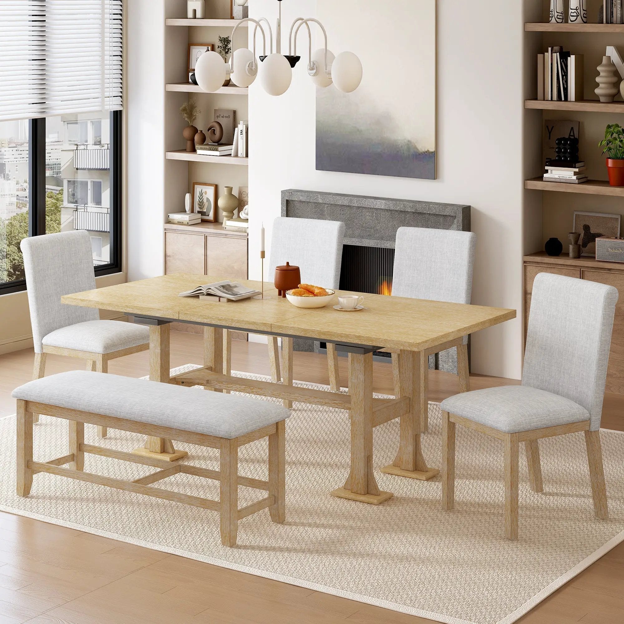 Artisanal 6-Piece Extendable Solid Wood Dining Set with Bench Seating by HouseOfZazla