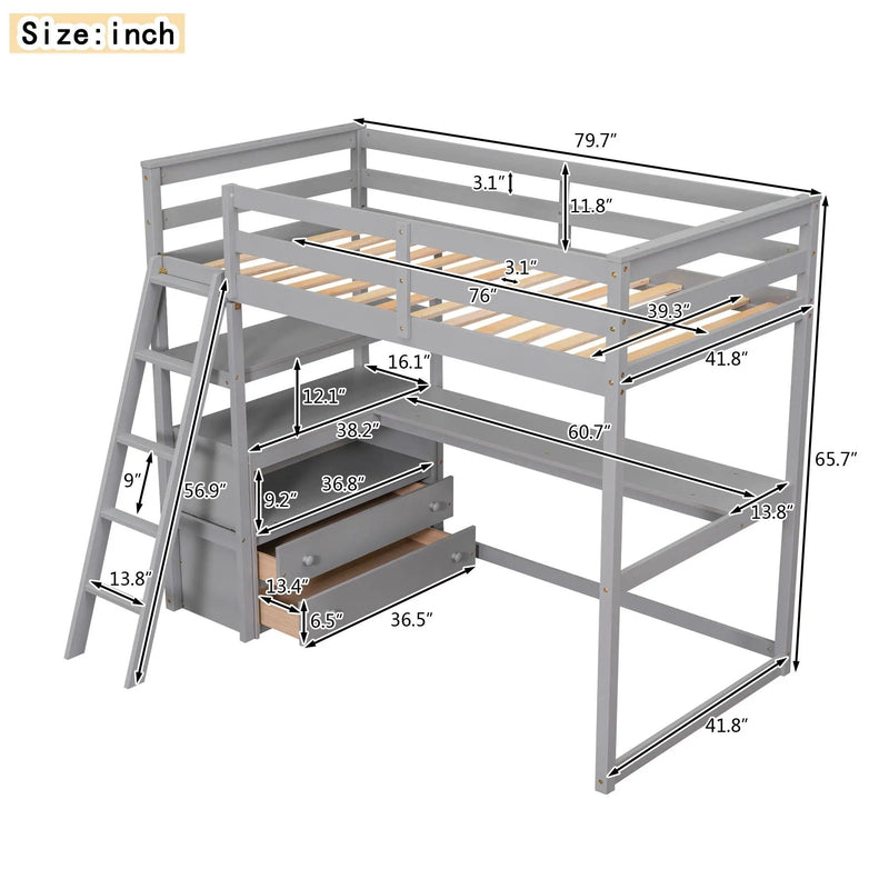 Modern Loft Bed With Built In Desk, Shelves, And 2 Drawers by Unique Piece Furniture