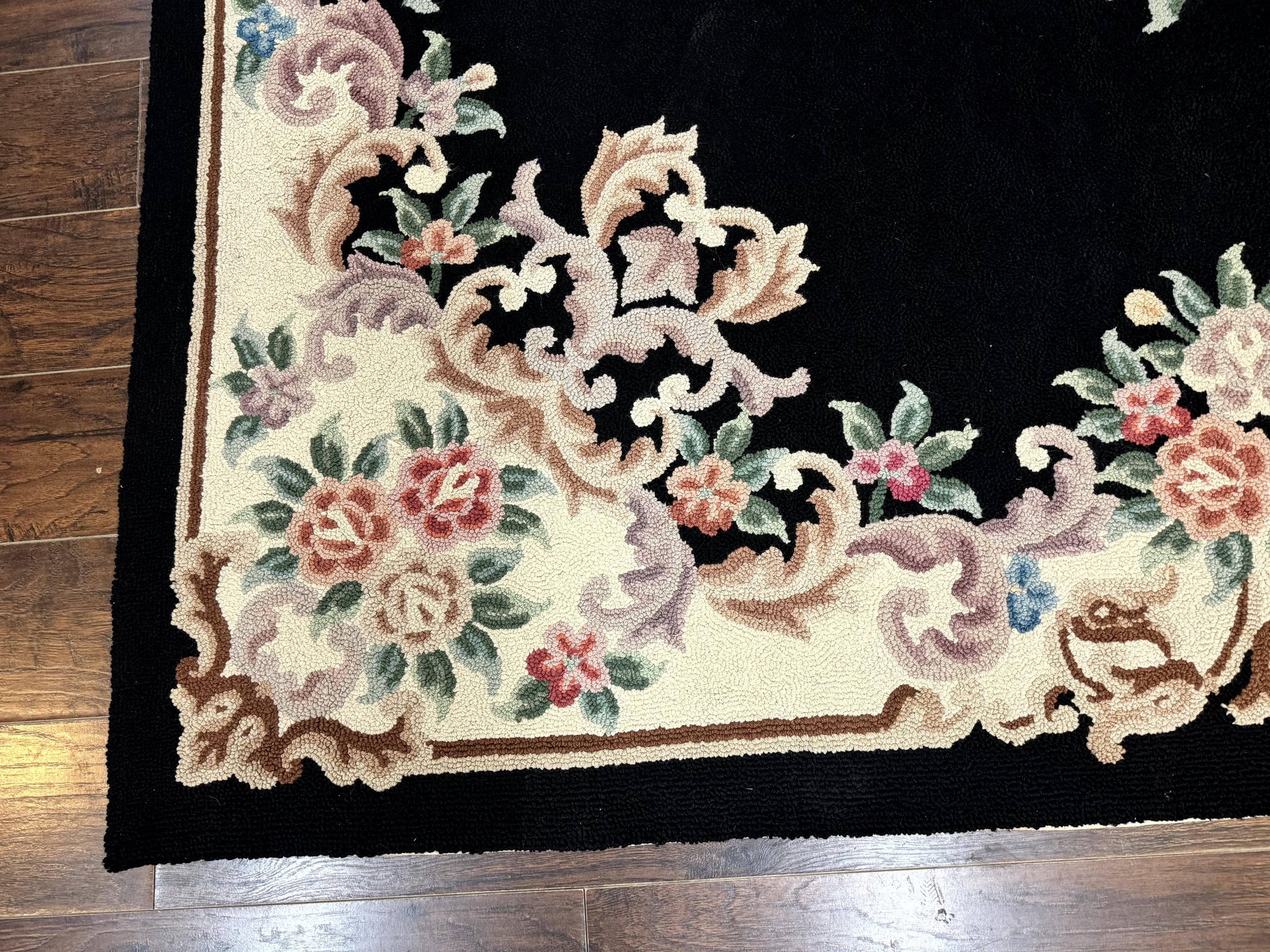 Aubusson Rug 8x11, Black and Ivory, Hooked Rug, Vintage, Wool by Jewel Rugs