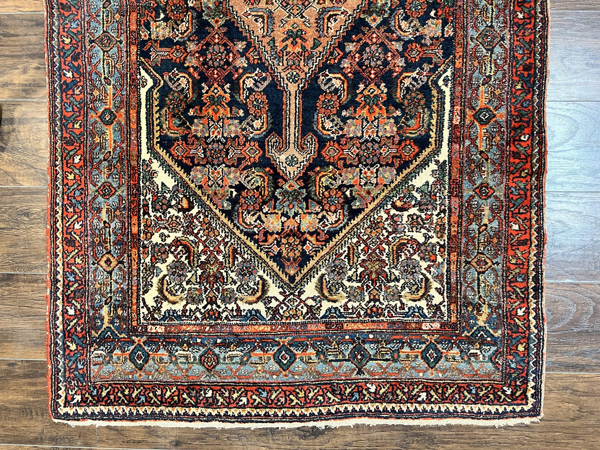 Antique Persian Runner Rug 3.7 x 15.8, Navy Blue Multicolor, Hand Knotted Handmade Wool Rug for Hallway, Geometric Medallions, Persian Hamadan Rug by Jewel Rugs