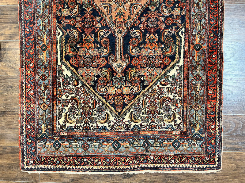 Antique Persian Runner Rug 3.7 x 15.8, Navy Blue Multicolor, Hand Knotted Handmade Wool Rug for Hallway, Geometric Medallions, Persian Hamadan Rug by Jewel Rugs