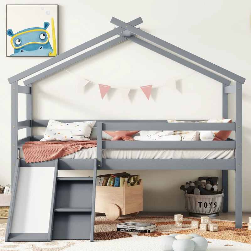 Low Loft House Bed With Slide, Ladder, Safety Guardrails, House Roof Frame by Unique Piece Furniture