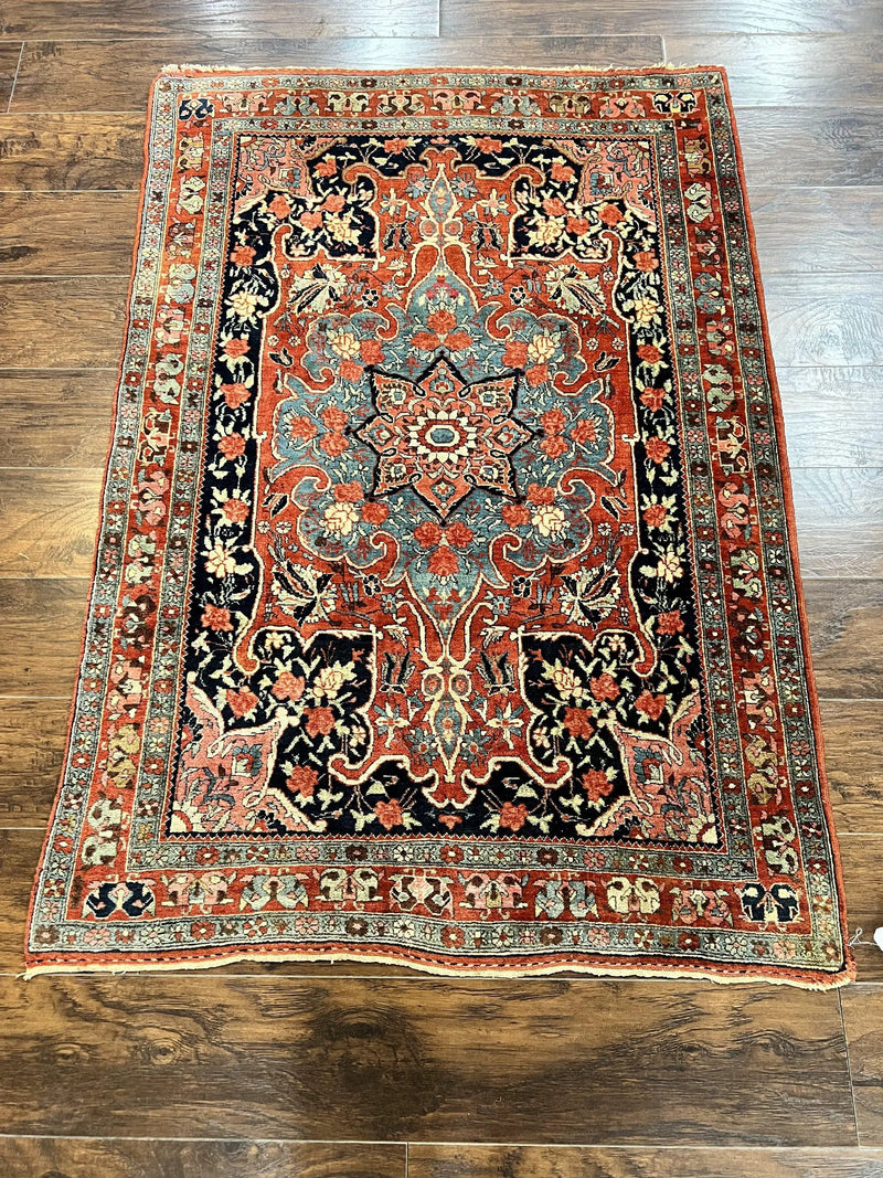 Antique Persian Bidjar Rug 4x5, Red and Blue, Hand Knotted Wool Carpet by Jewel Rugs