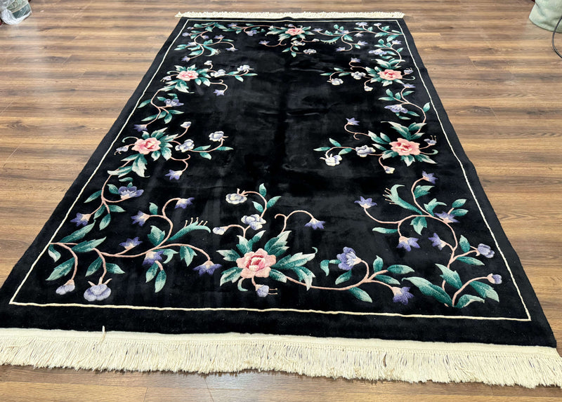 Chinese Wool Rug 6x9, Black, Floral, Minimal Design, 90 Line Carpet, Vintage Art Deco Rug by Jewel Rugs