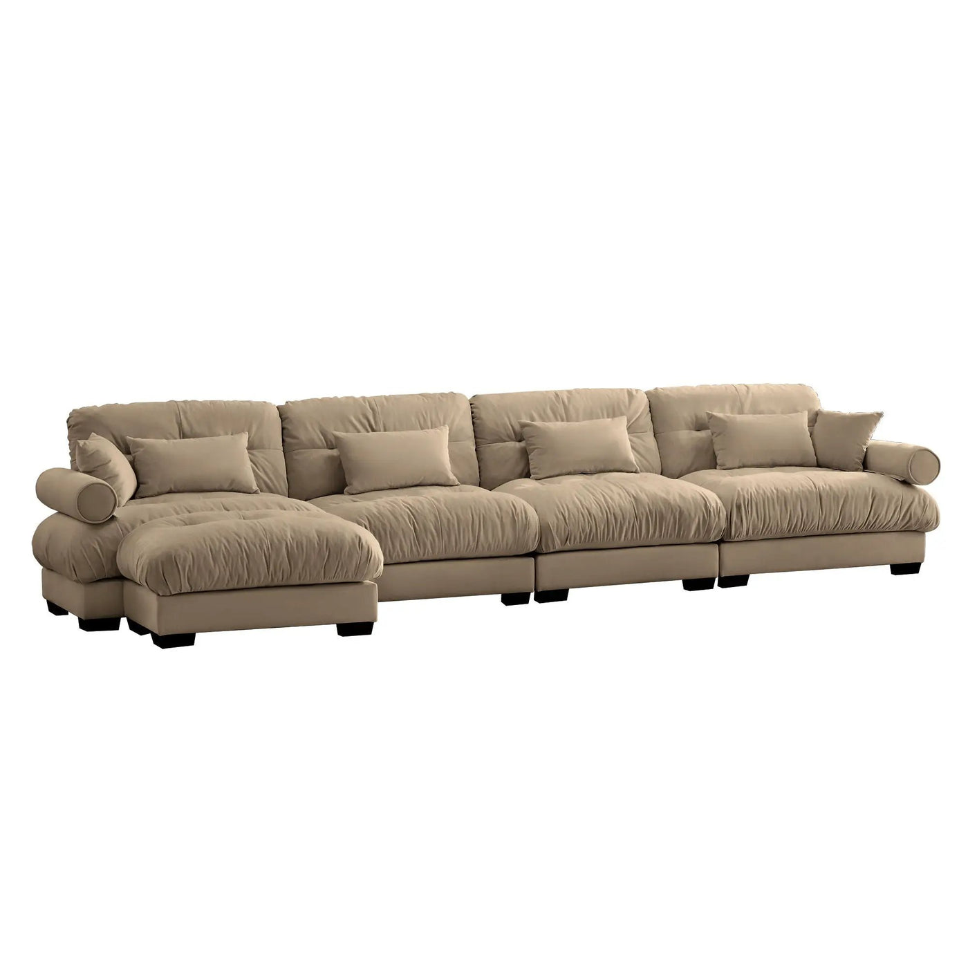 Modern Sectional Sofa With Ottoman, Round Bolster Armrests, Waist And Throw Pillows by Unique Piece Furniture