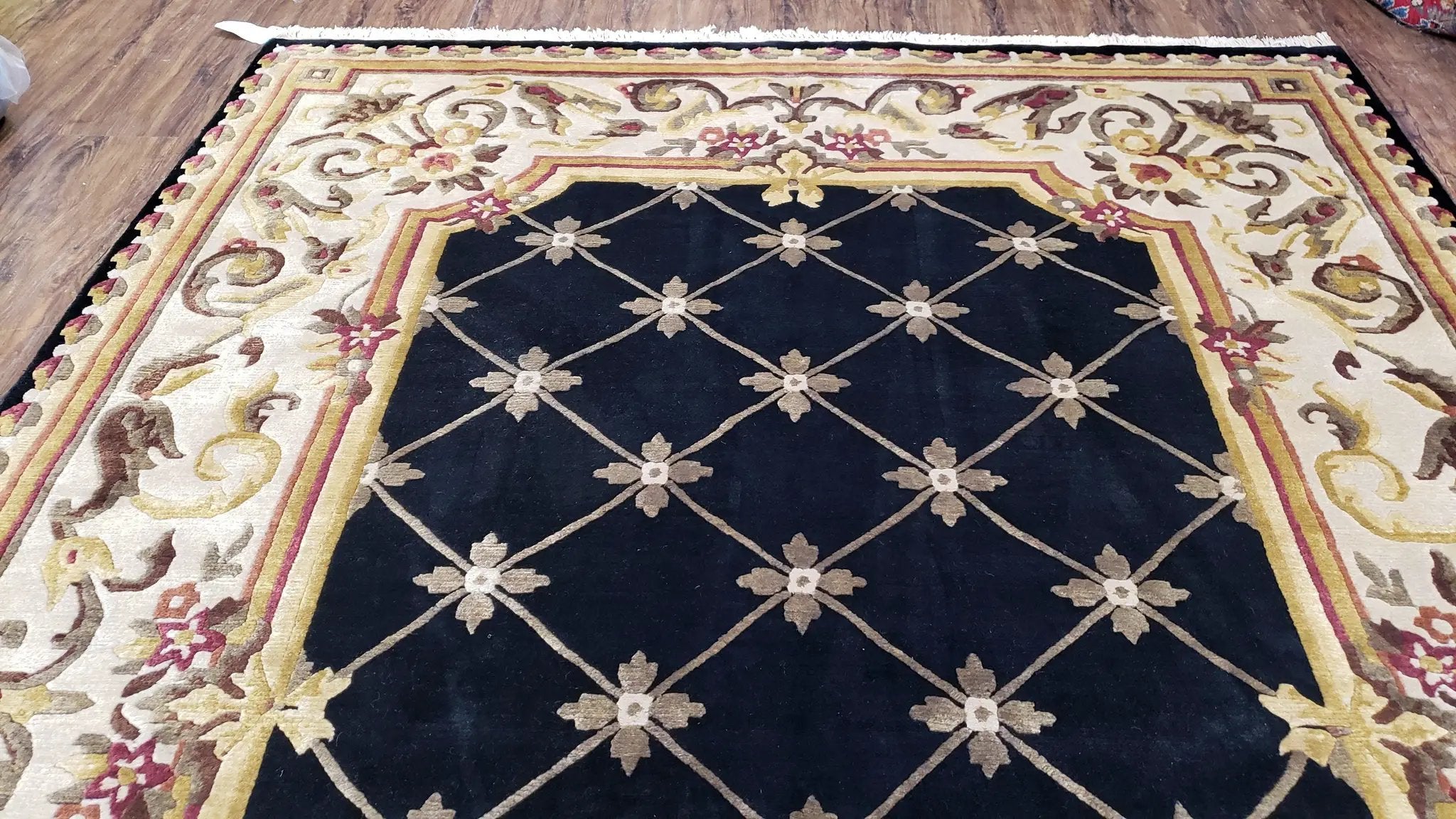 Nepal Rug 6x9, New Aubusson Nepalese Tibetan Carpet 6'1" x 8' 8", Hand-Knotted Wool, Unused, Black & Cream, Savonnerie Pattern, Soft Pile by Jewel Rugs
