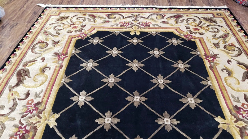 Nepal Rug 6x9, New Aubusson Nepalese Tibetan Carpet 6'1" x 8' 8", Hand-Knotted Wool, Unused, Black & Cream, Savonnerie Pattern, Soft Pile by Jewel Rugs