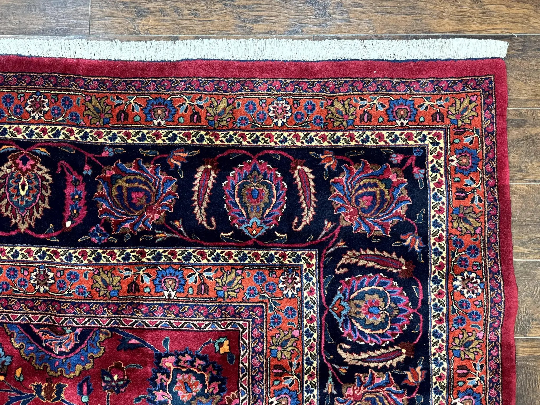 Palace Size Persian Mashad Rug 12x16, Raspberry and Navy Blue, Signature from Master Weaver, Antique Handmade Large Wool Carpet by Jewel Rugs