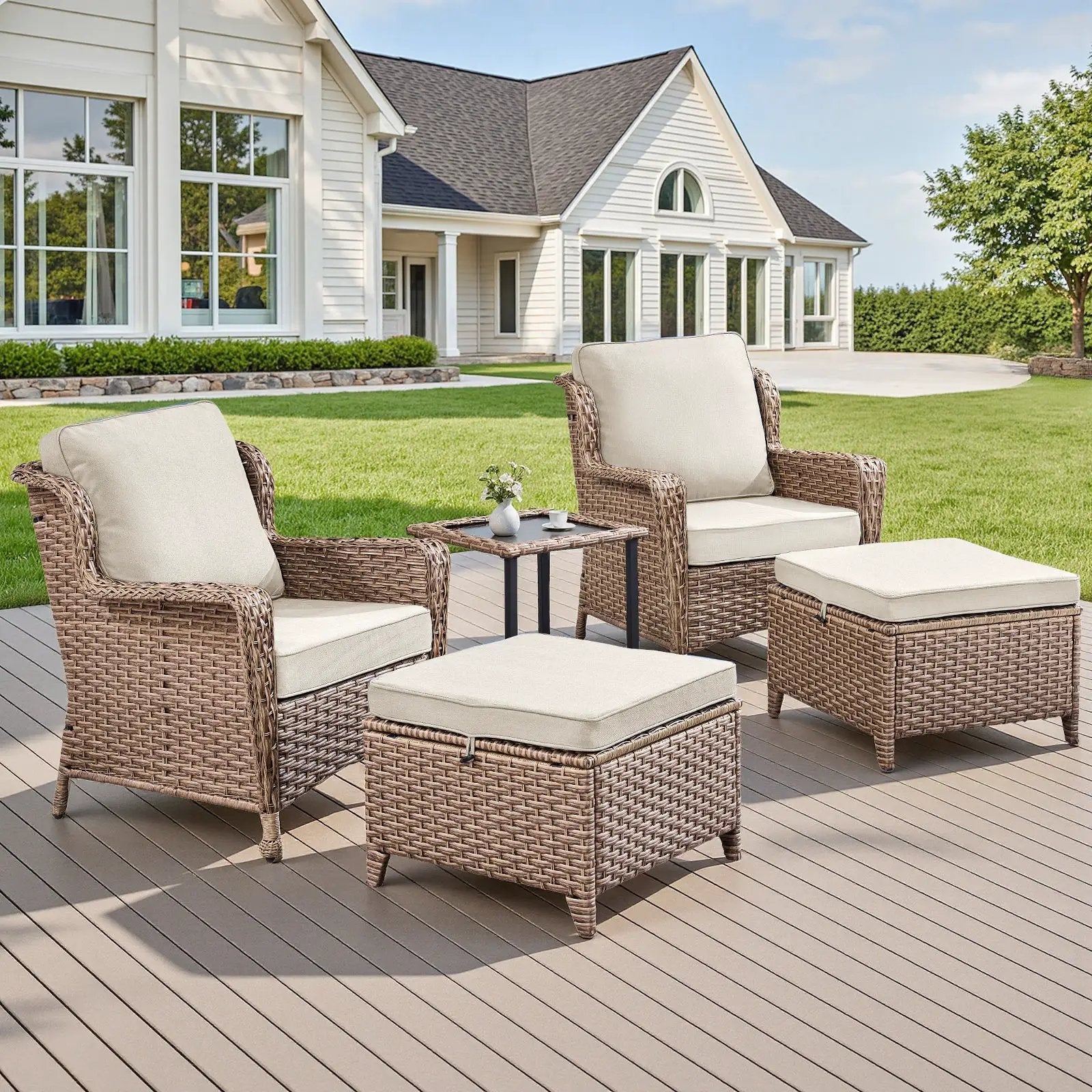5-Piece Outdoor Lounge Chairs Set with Side Table and Ottomans by HouseOfZazla