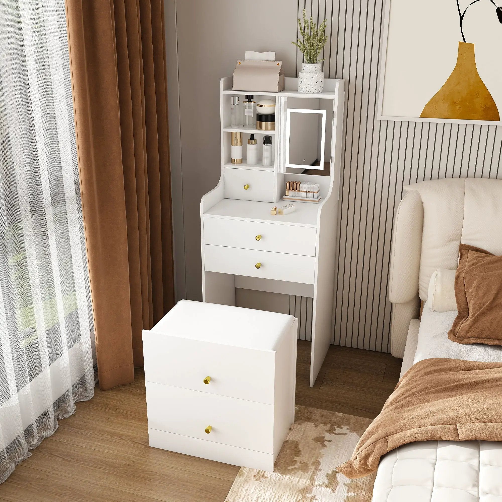3 In 1 Dressing Table With LED Mirror & Storage Stool, Compact Makeup Vanity - White by HouseOfZazla