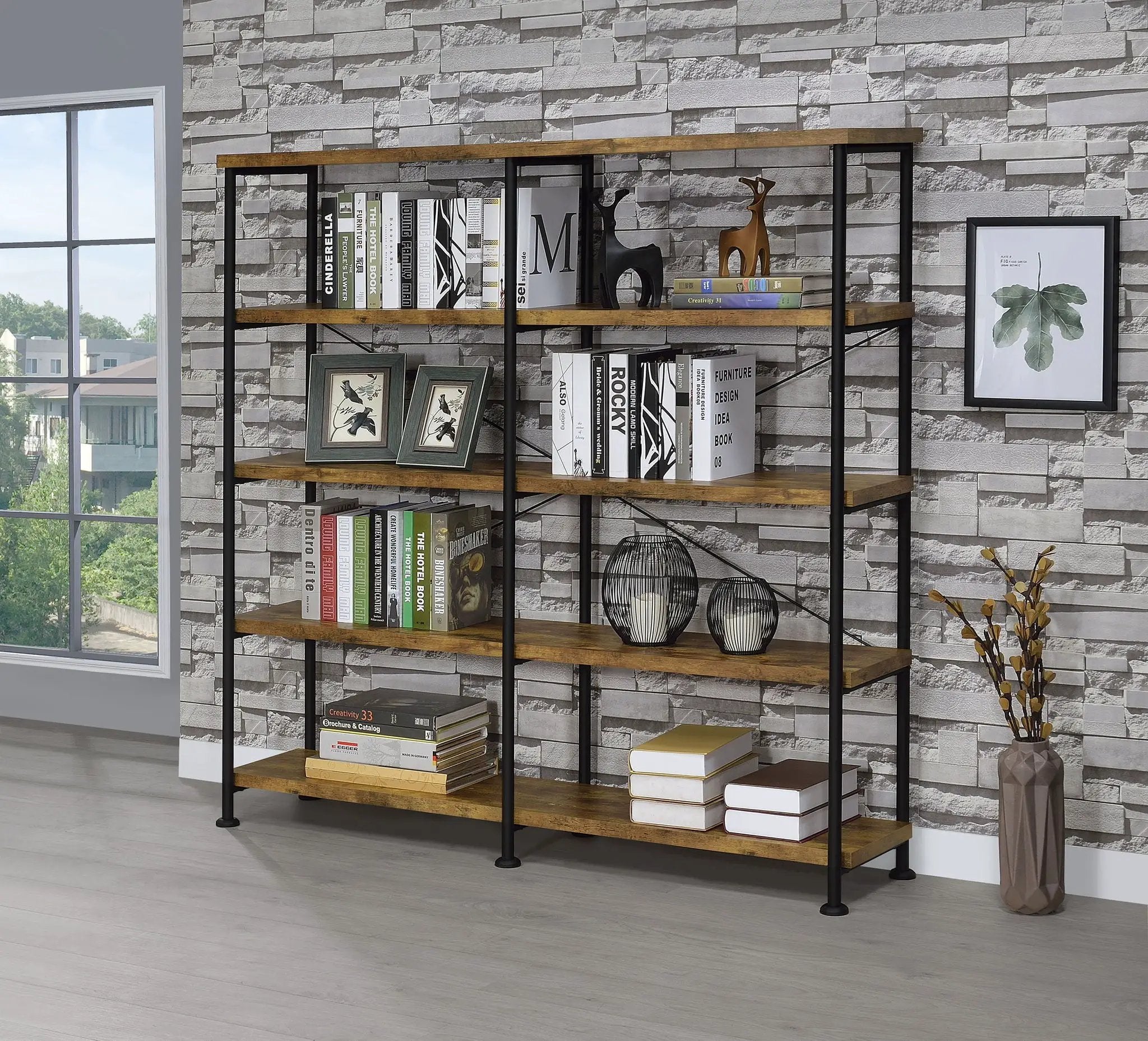Analiese 63-inch 4-shelf Double Bookshelf Rustic Nutmeg by Unique Piece Furniture