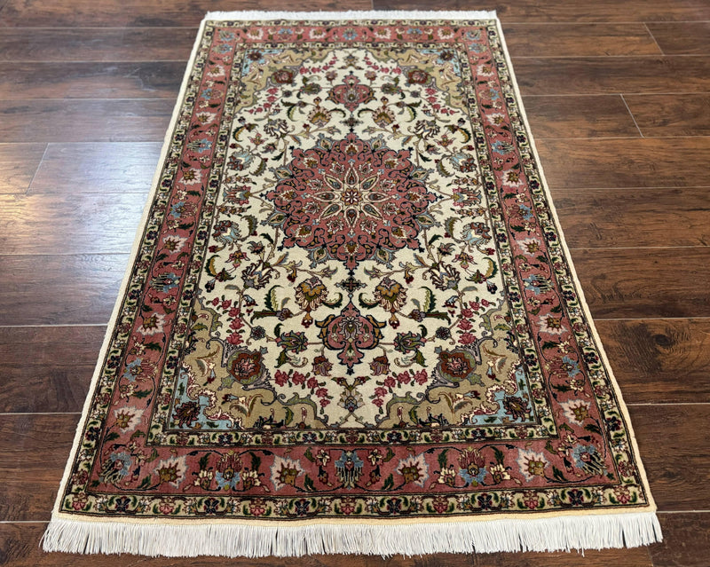 Fine Persian Tabriz Rug 3x5, Floral Medallion, 340 KPSI, Ivory Salmon by Jewel Rugs