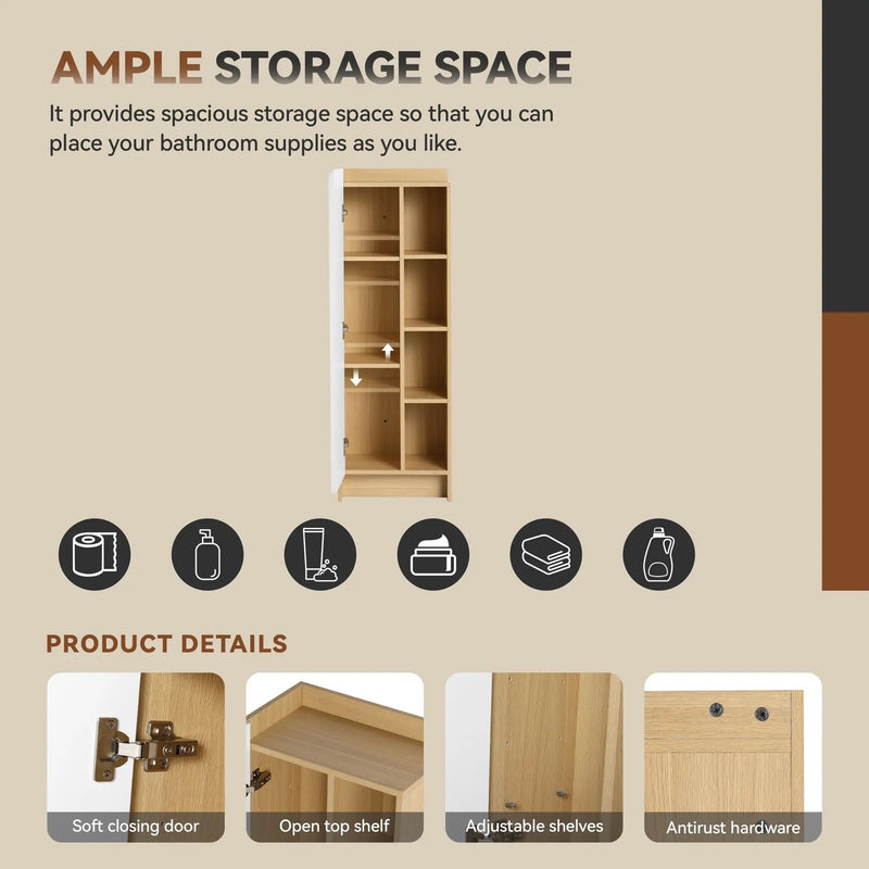 Tall Freestanding Bathroom Side Cabinet With Single Door & 4 Tier Open Shelves - Black / Light Oak / White by HouseOfZazla