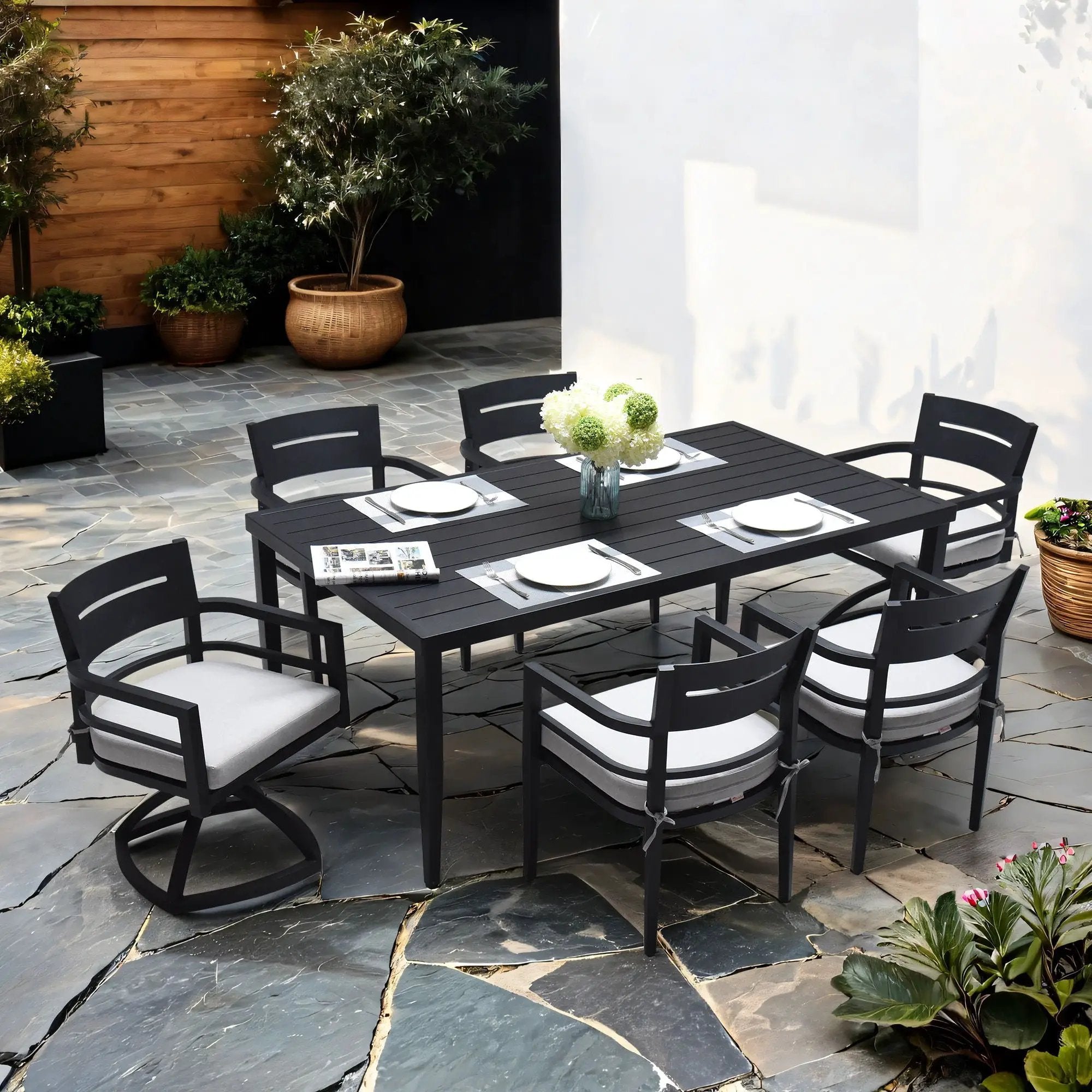 Outdoor Modern Dining Set, Chairs Sunbrella Cushioned And Dining Table With Umbrella Hole by Unique Piece Furniture