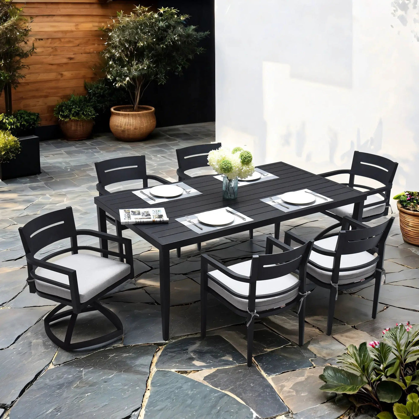 Outdoor Modern Dining Set, Chairs Sunbrella Cushioned And Dining Table With Umbrella Hole by HouseOfZazla