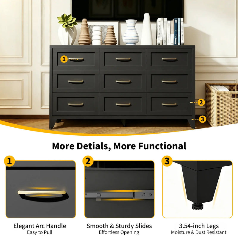 9 Drawer Dresser for Bedroom, Metal Profile Chest of Drawers by HouseOfZazla