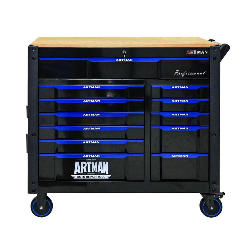 12 Layer Drawer Multi Purpose Tool Cart With Wheels And Wooden Countertops - Black / Blue by HouseOfZazla