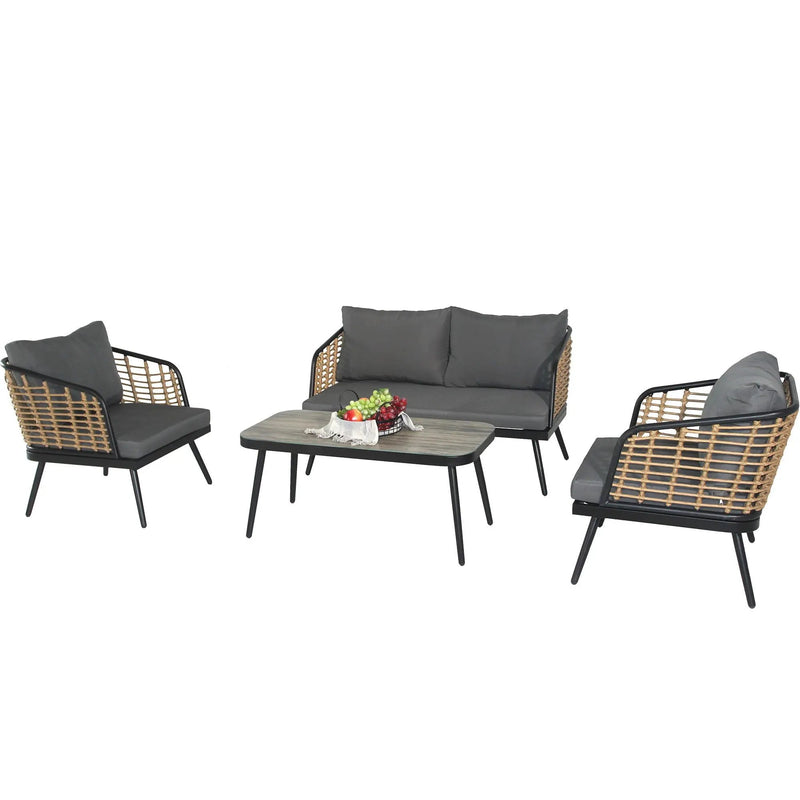 4 Pieces Patio Furniture Set, PE Rattan Wicker With Washable Cushion And Tempered Glass Tabletop, Conversation Furniture For Garden Poolside Balcony by HouseOfZazla
