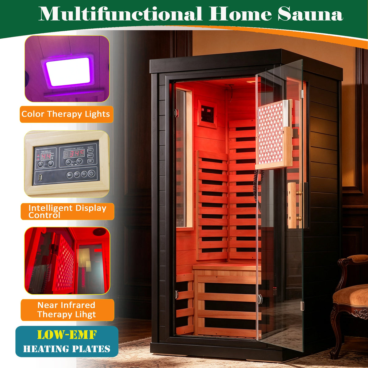 One-Two Person Far Infrared Sauna with 7-Color Therapy Lighting - Solid Wood, photo 2 of 9