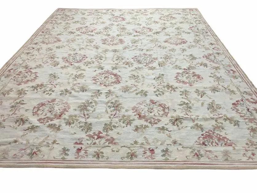 9x12 Flatweave Aubusson Needlepoint Rug, New, Beige, Tan, Green, Handmade, Hand-Knotted Area Rug, French European Carpet, Flowers by Jewel Rugs