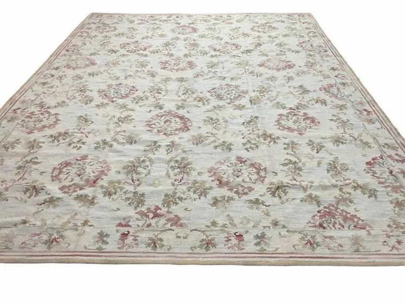 9x12 Flatweave Aubusson Needlepoint Rug, New, Beige, Tan, Green, Handmade, Hand-Knotted Area Rug, French European Carpet, Flowers by Jewel Rugs