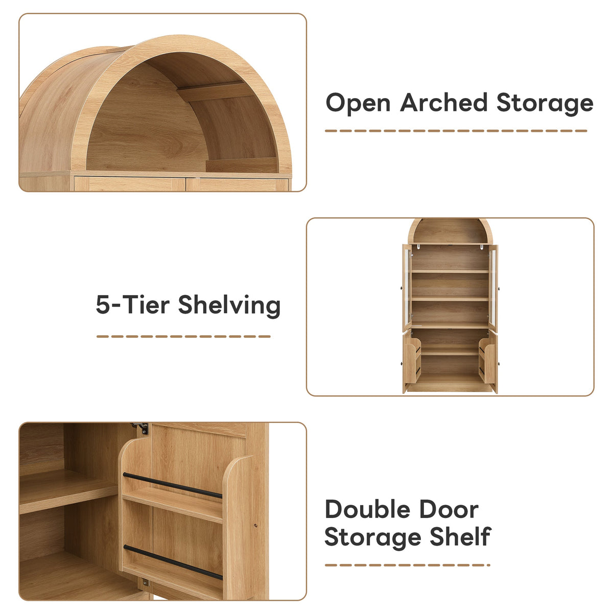 Tall Arched Top Storage Cabinet with Tempered Glass Doors - Natural or White, photo 8 of 10