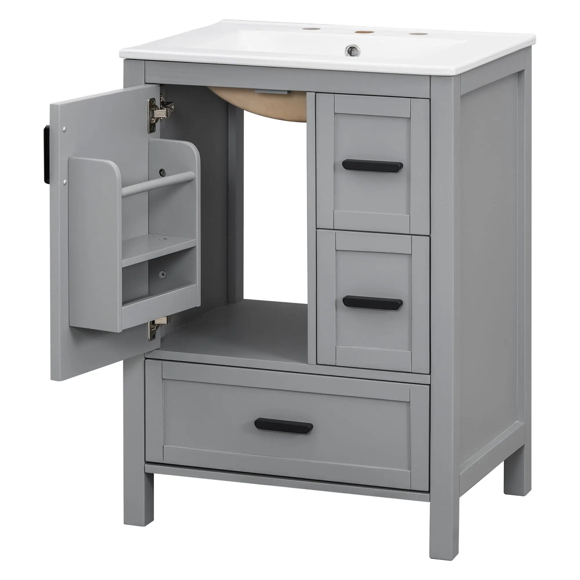 Bathroom Vanity With Sink, Soft Close Door, Double Layer Door Shelf And 3 Drawers - Gray by HouseOfZazla