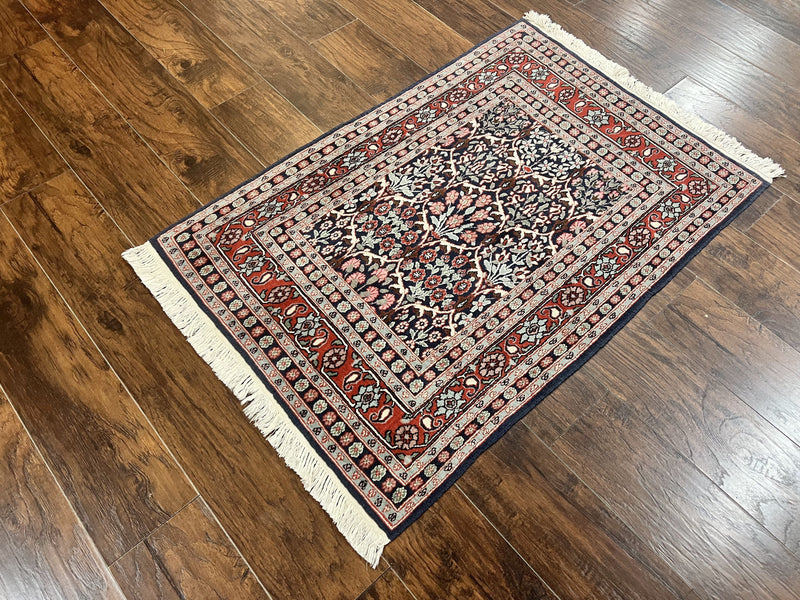 Pak Persian Rug 3x4, Wool Hand Knotted Vintage Traditional Carpet, Navy Blue & Red, Very Fine Small Handmade Floral Rug by Jewel Rugs
