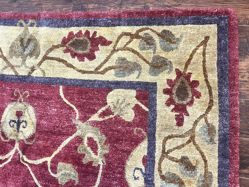 Tibetan Aubusson Rug 8x10, Maroon and Beige, Floral, Handmade, Wool, Vintage, Traditional Rug by Jewel Rugs
