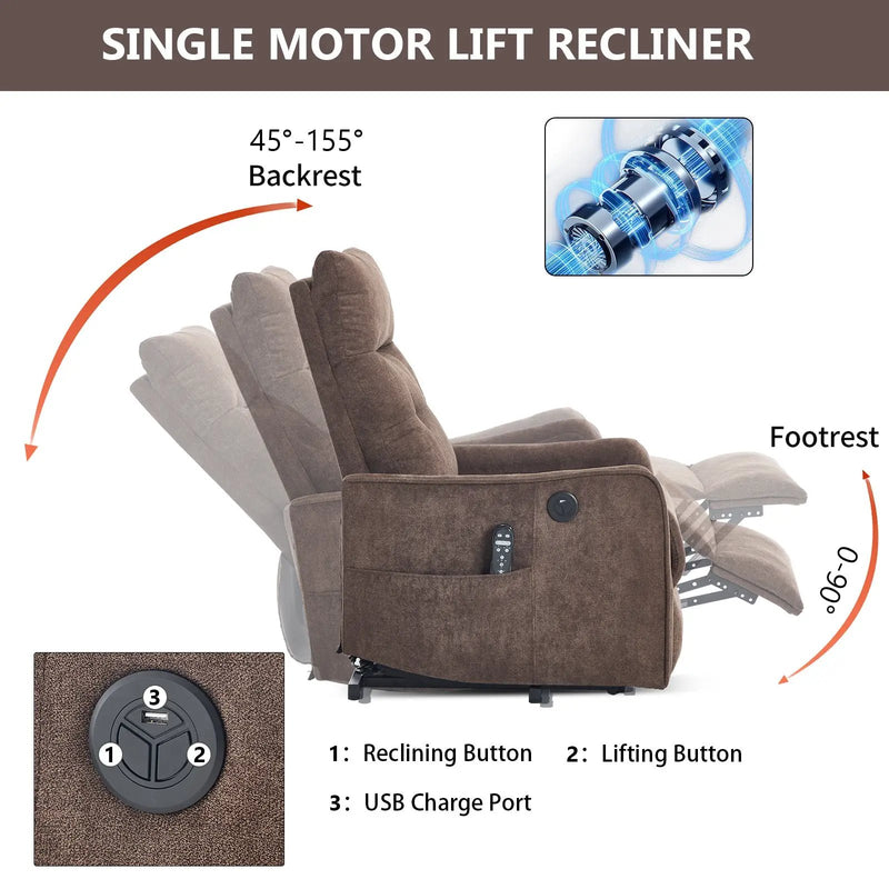 Brown Chenille Single Motor Power Lift Recliner Chair by HouseOfZazla