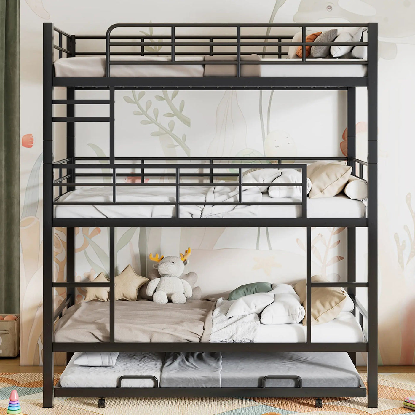 Triple Bunk Bed With Trundle, Heavy Duty Steel Construction by HouseOfZazla