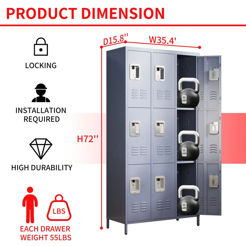 9 Door Lockers With Lock For Storage In Office, School, Gym, And Bedroom - Gray by Unique Piece Furniture