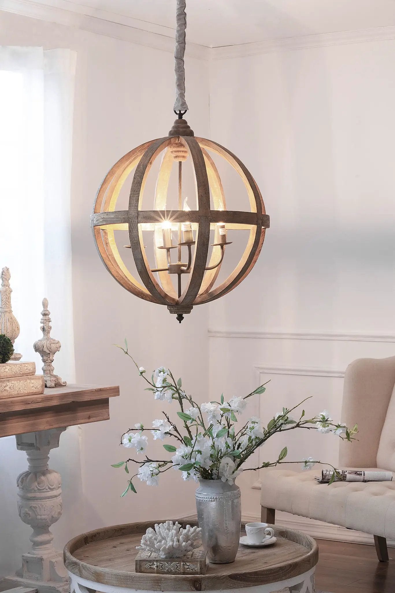 4 Light Wood Chandelier, Hanging Light Fixture With Adjustable Chain For Kitchen, Bulb Not Included - Brown by Unique Piece Furniture
