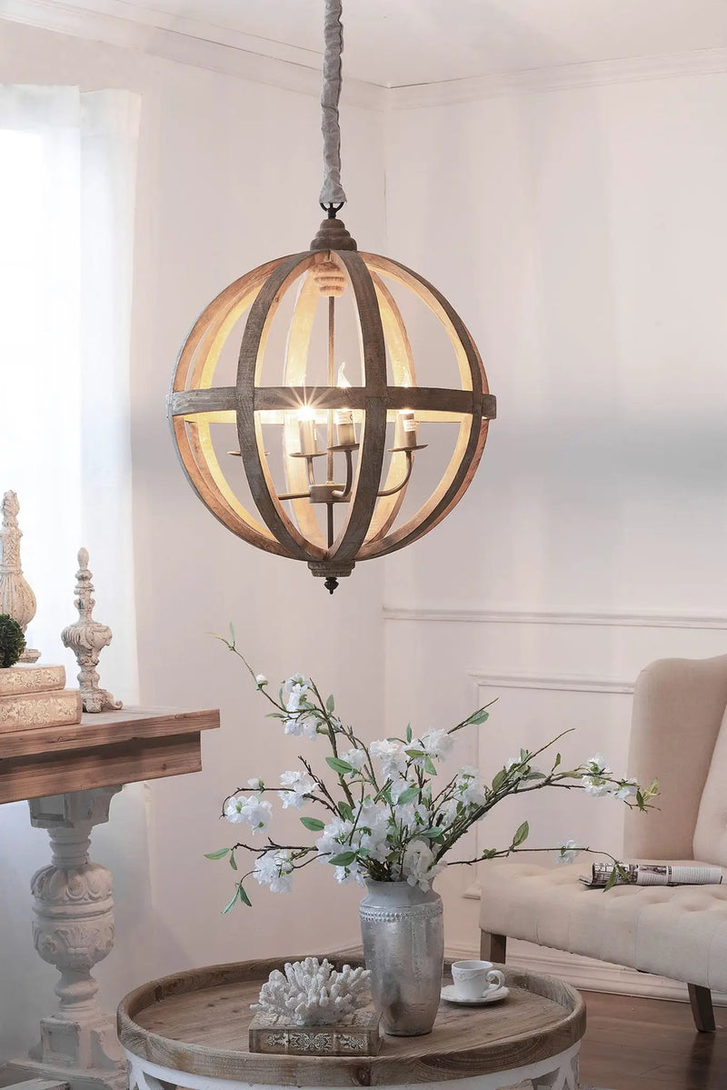 4 Light Wood Chandelier, Hanging Light Fixture With Adjustable Chain For Kitchen, Bulb Not Included - Brown by HouseOfZazla