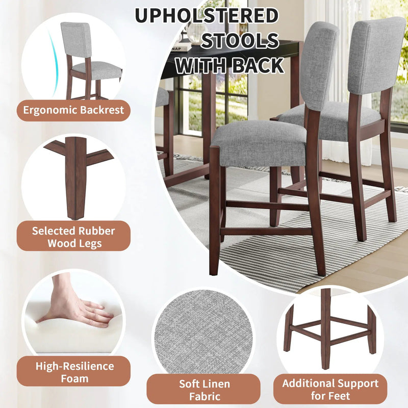 5 Piece Counter Height Dining Set, Bar Table With 4 Upholstered Chairs