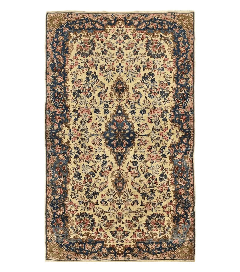 Antique Persian Kirman Rug 4x7, Cream and Navy Blue, Hand Knotted Wool Floral Carpet by Jewel Rugs