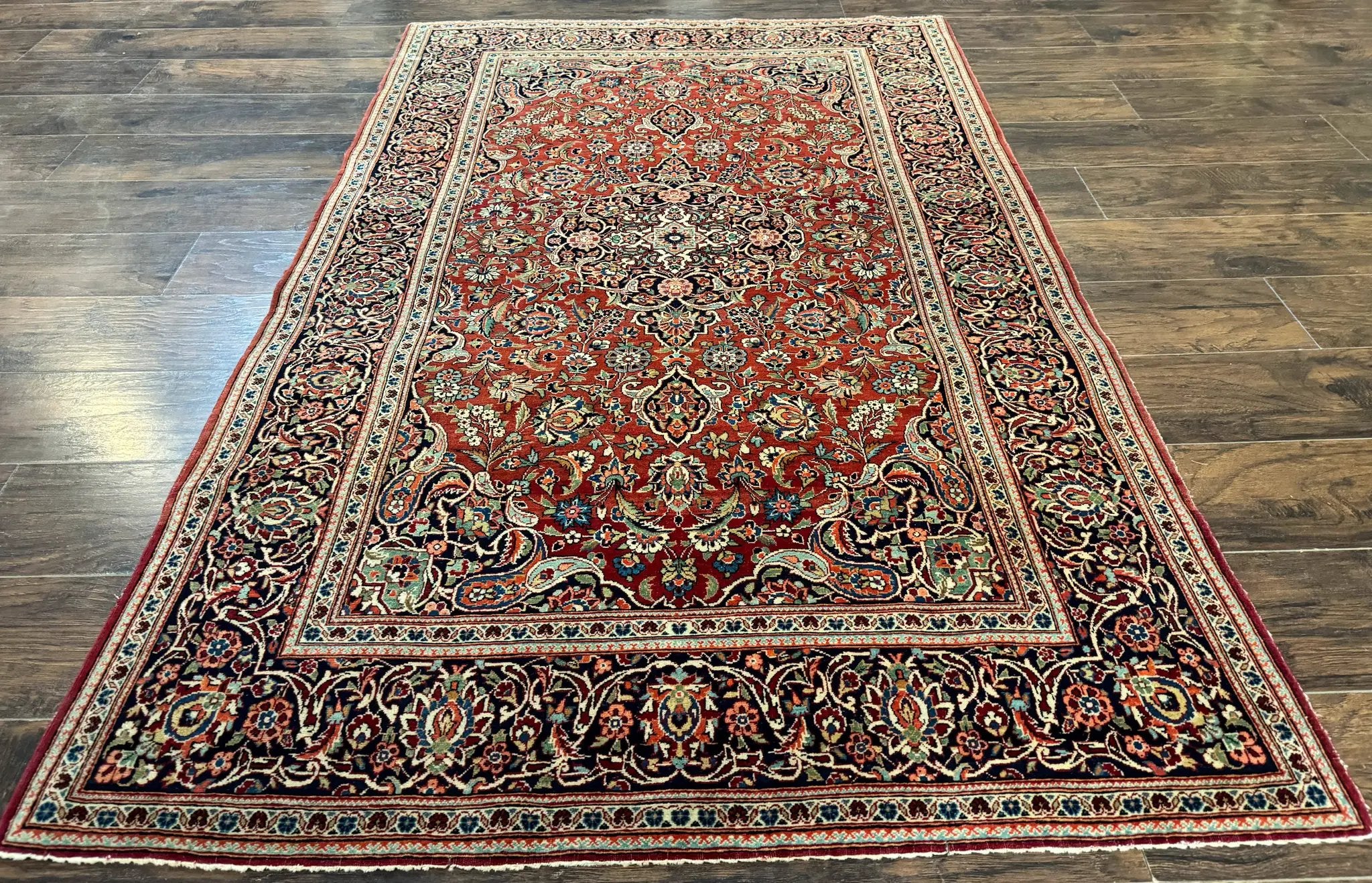 Persian Kashan Rug 4x7, Red and Navy Blue, Floral Antique Carpet by Jewel Rugs