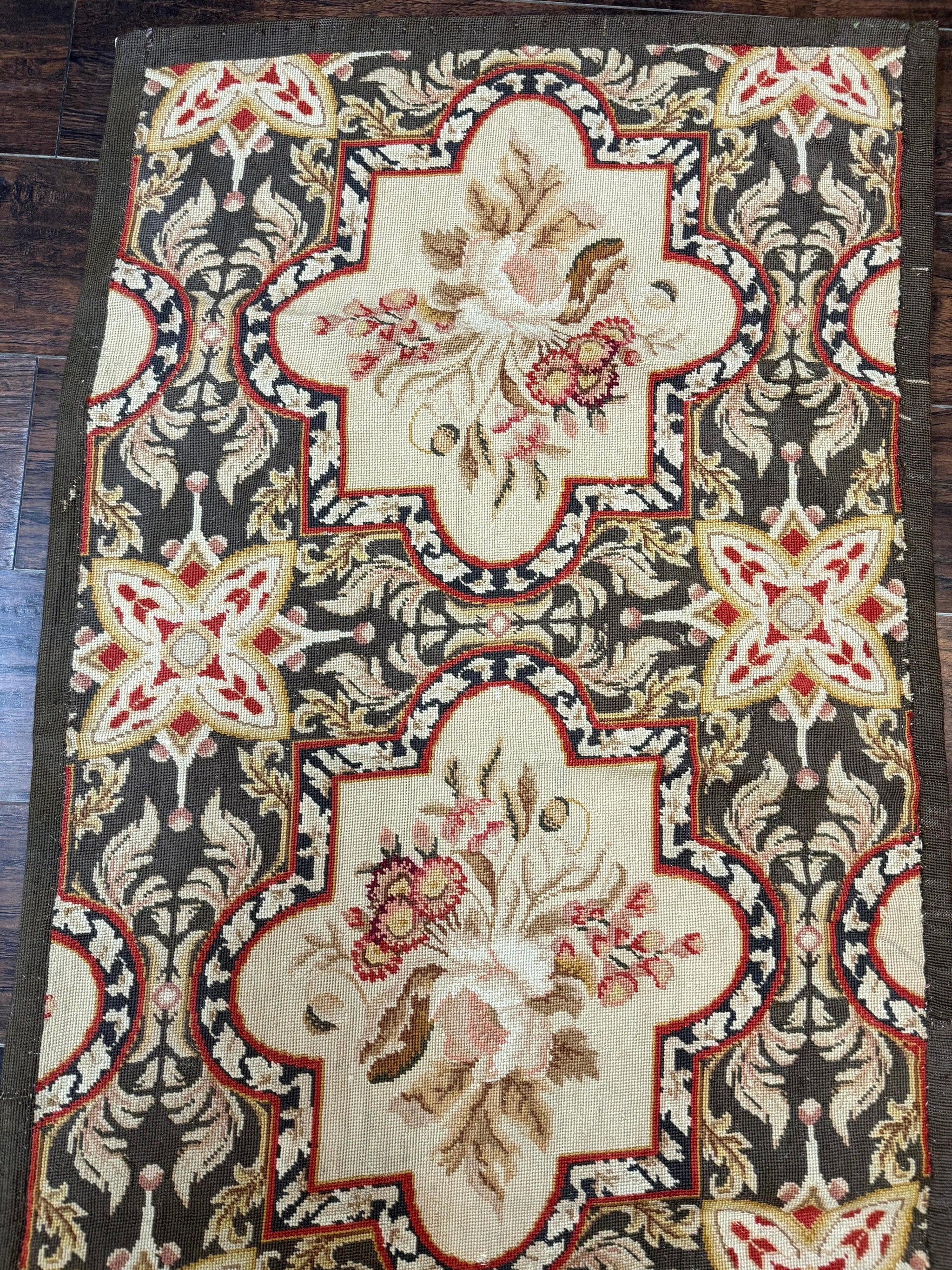 Needlepoint Runner Rug 2.7 x 9.7, European French Design, Wool, Handmade, Vintage by Jewel Rugs