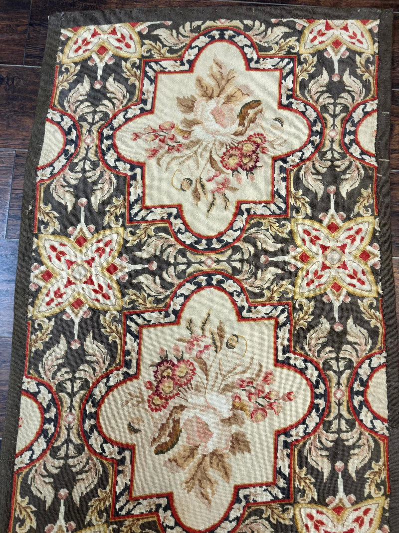 Needlepoint Runner Rug 2.7 x 9.7, European French Design, Wool, Handmade, Vintage by Jewel Rugs