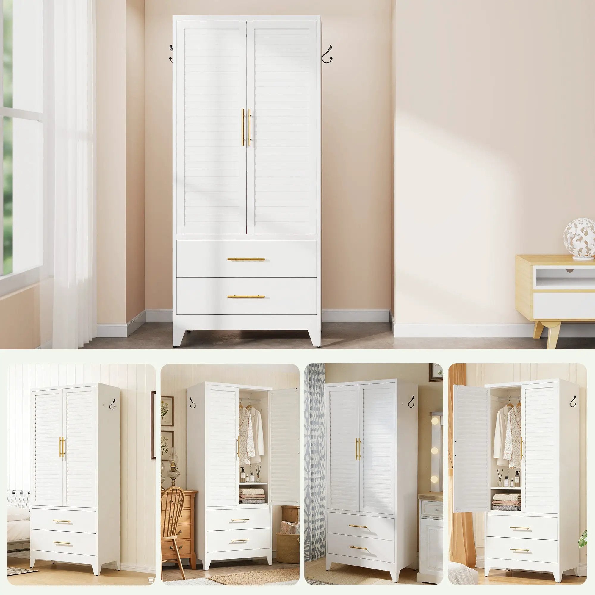 White Metal Wardrobe Closet with 2 Doors and Drawers by HouseOfZazla
