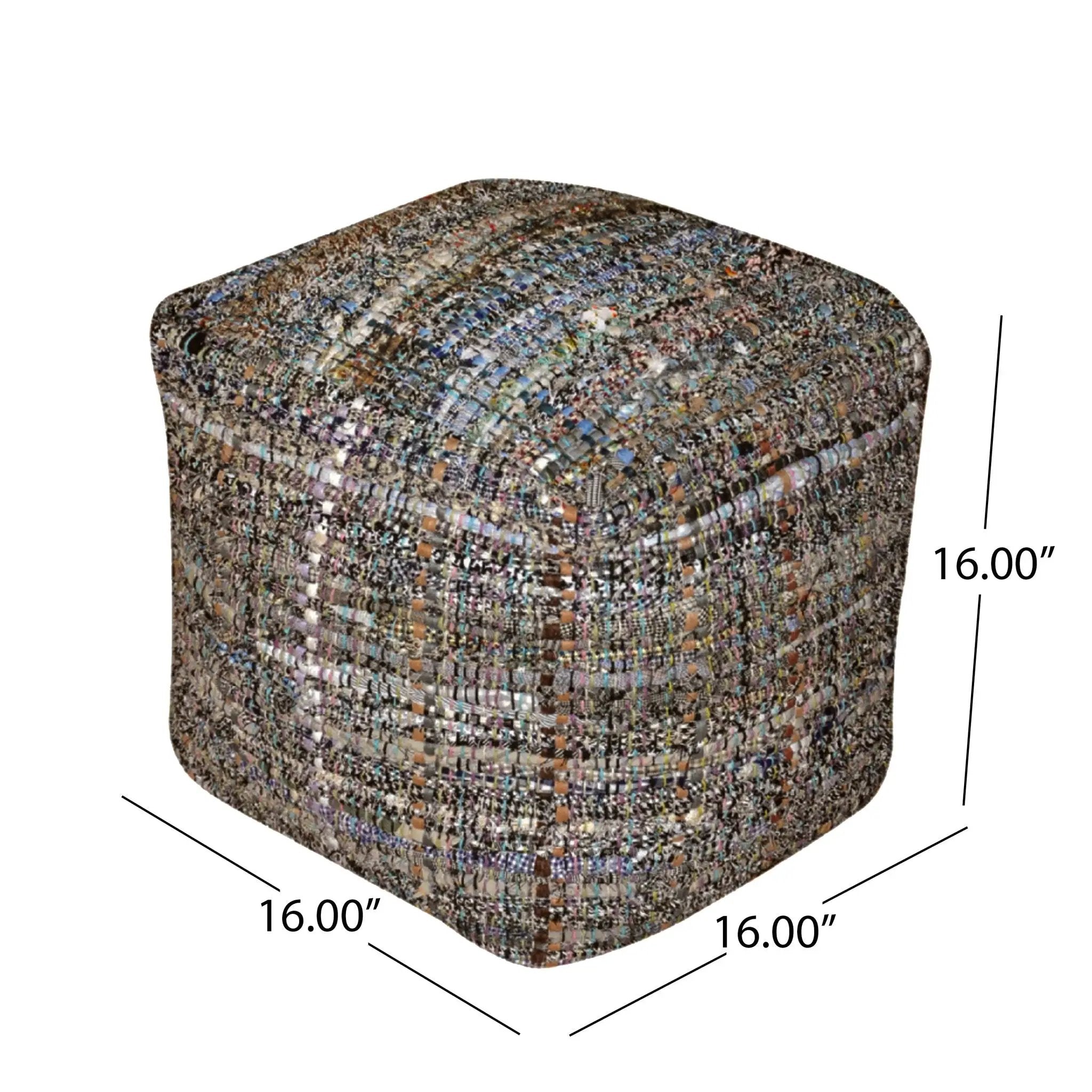 Koki - Handcrafted Fabric Pouf Recycled Denim And Paper Chindi - Khaki by Unique Piece Furniture