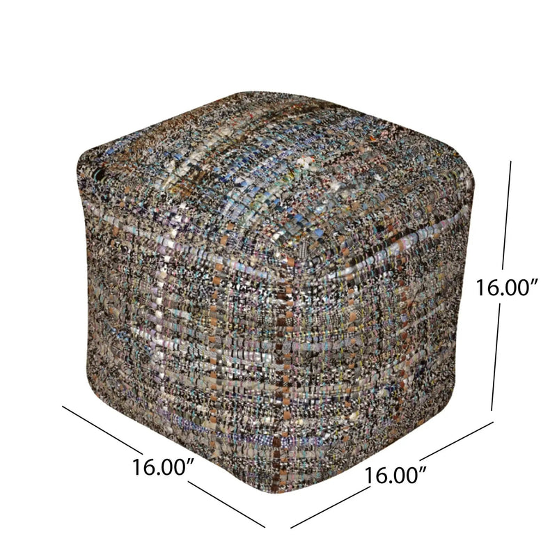 Koki - Handcrafted Fabric Pouf Recycled Denim And Paper Chindi - Khaki by Unique Piece Furniture